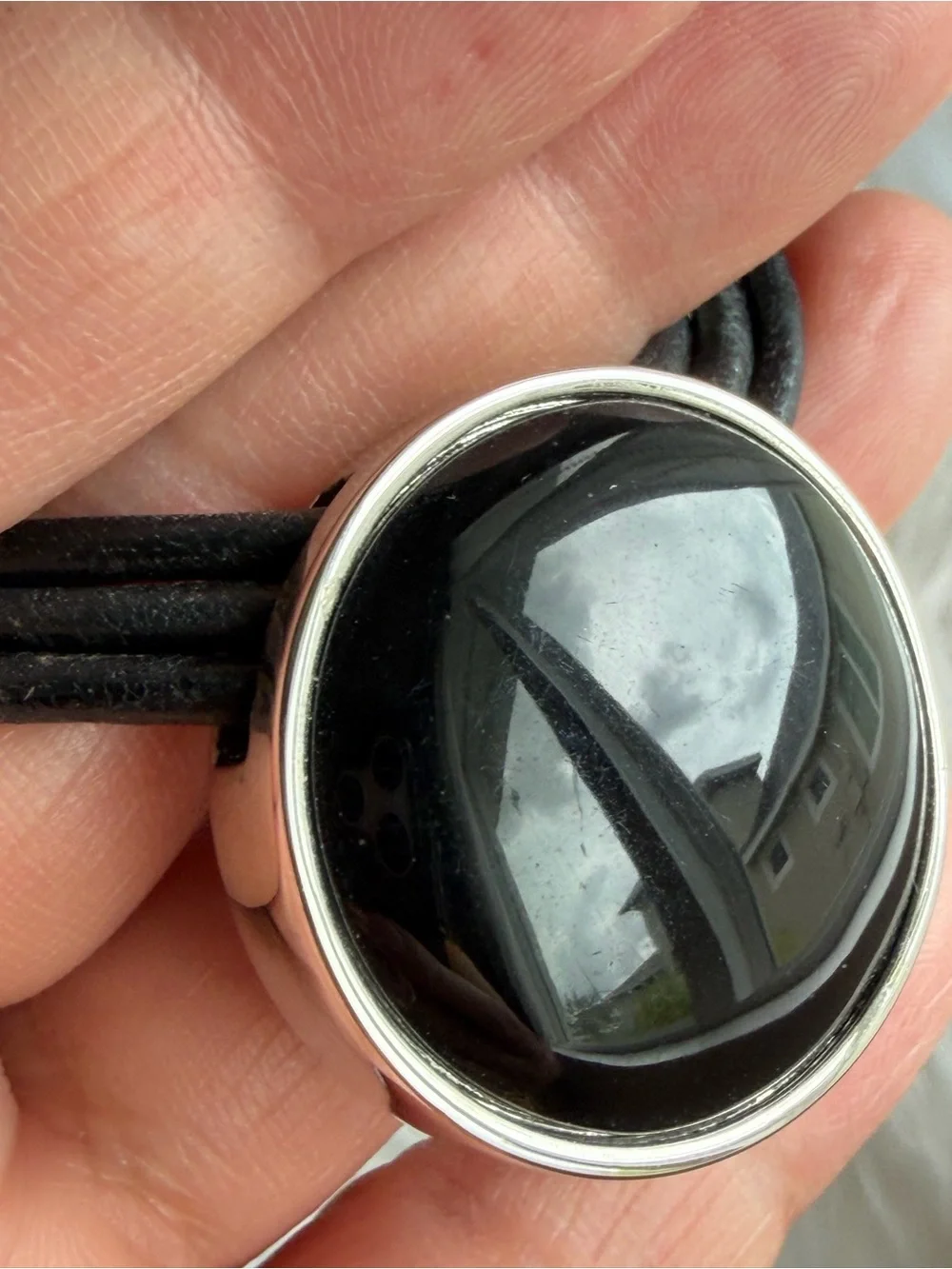 LAUREN RALPH LAUREN | Vintage | Black Leather Choker Silver Black Bezel Pendant
